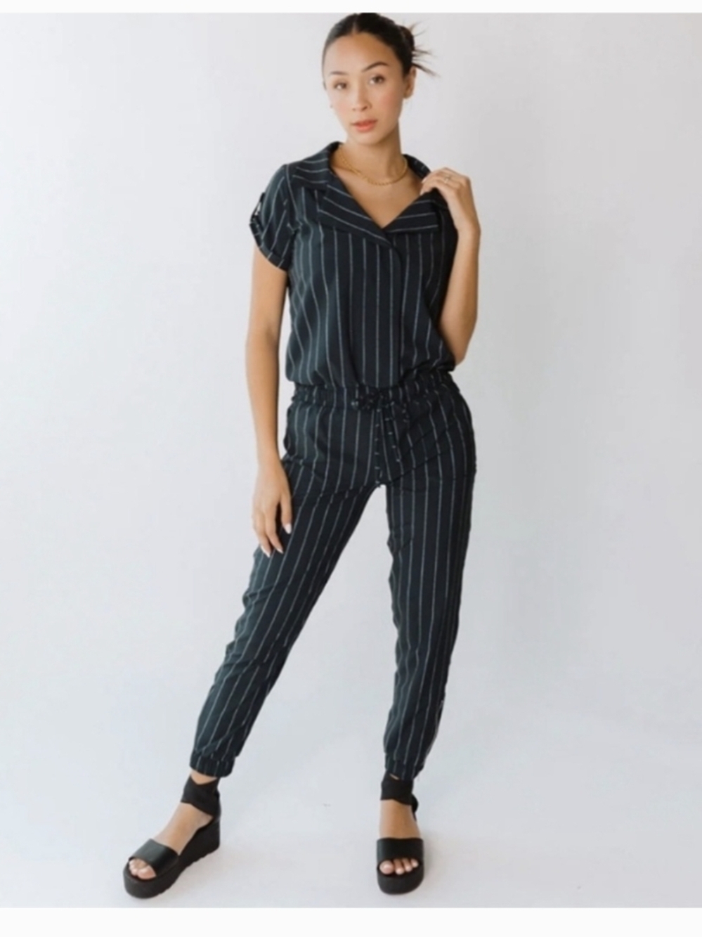Albion Fit Black Stripe Jumpsuit Collar Short Sleeve Cinch Waist XS